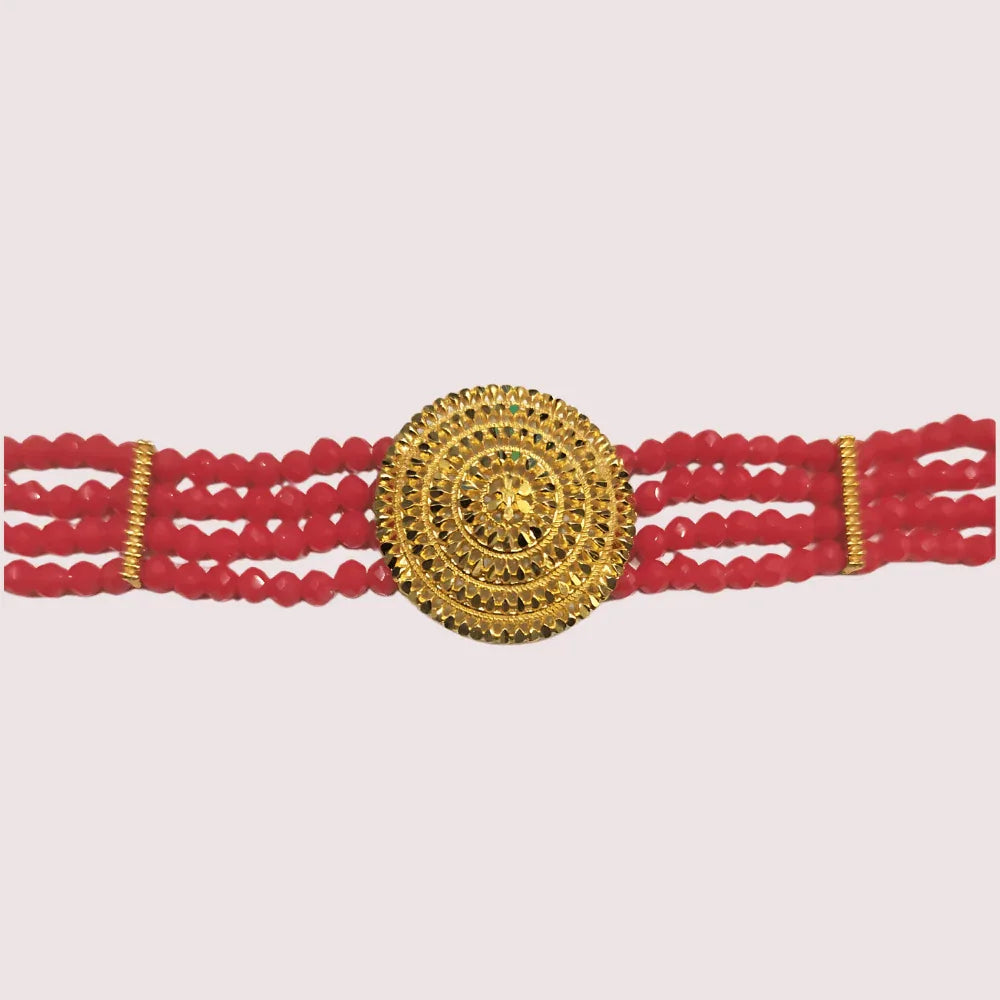 Bold Elegance Red Beaded Necklace with Ornate Gold Medallion Veloura Intimate