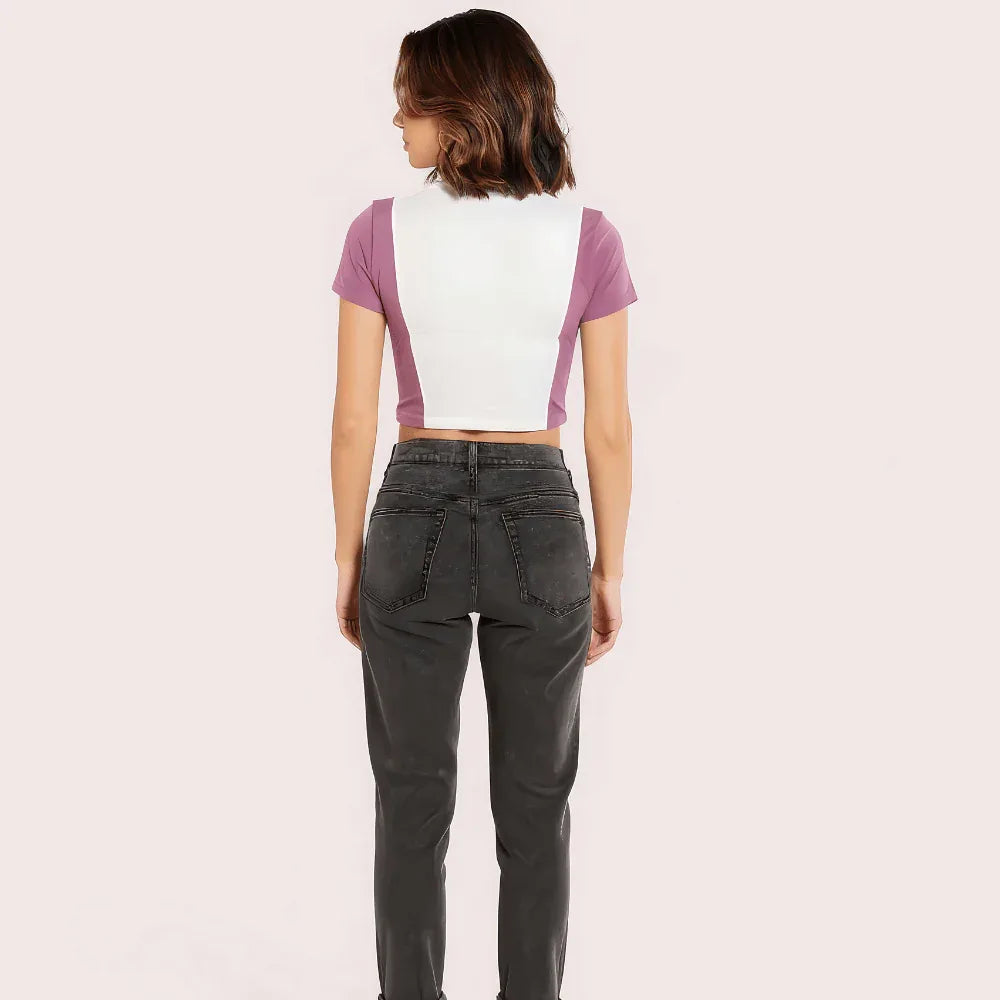 "Campus Vibes" Colorblock Zip Crop Top – Lilac & White Veloura Intimate