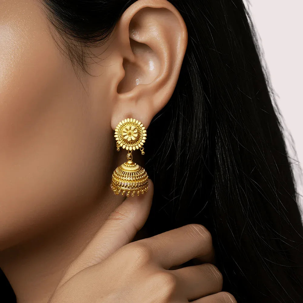 Classic Gold Jhumka Earrings with Floral Motif Veloura Intimate