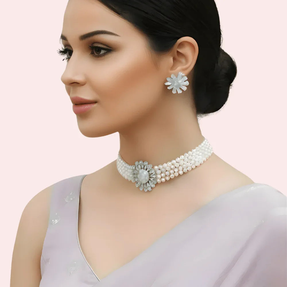 Classic White Pearl Choker Necklace & Floral Earrings Set Veloura Intimate