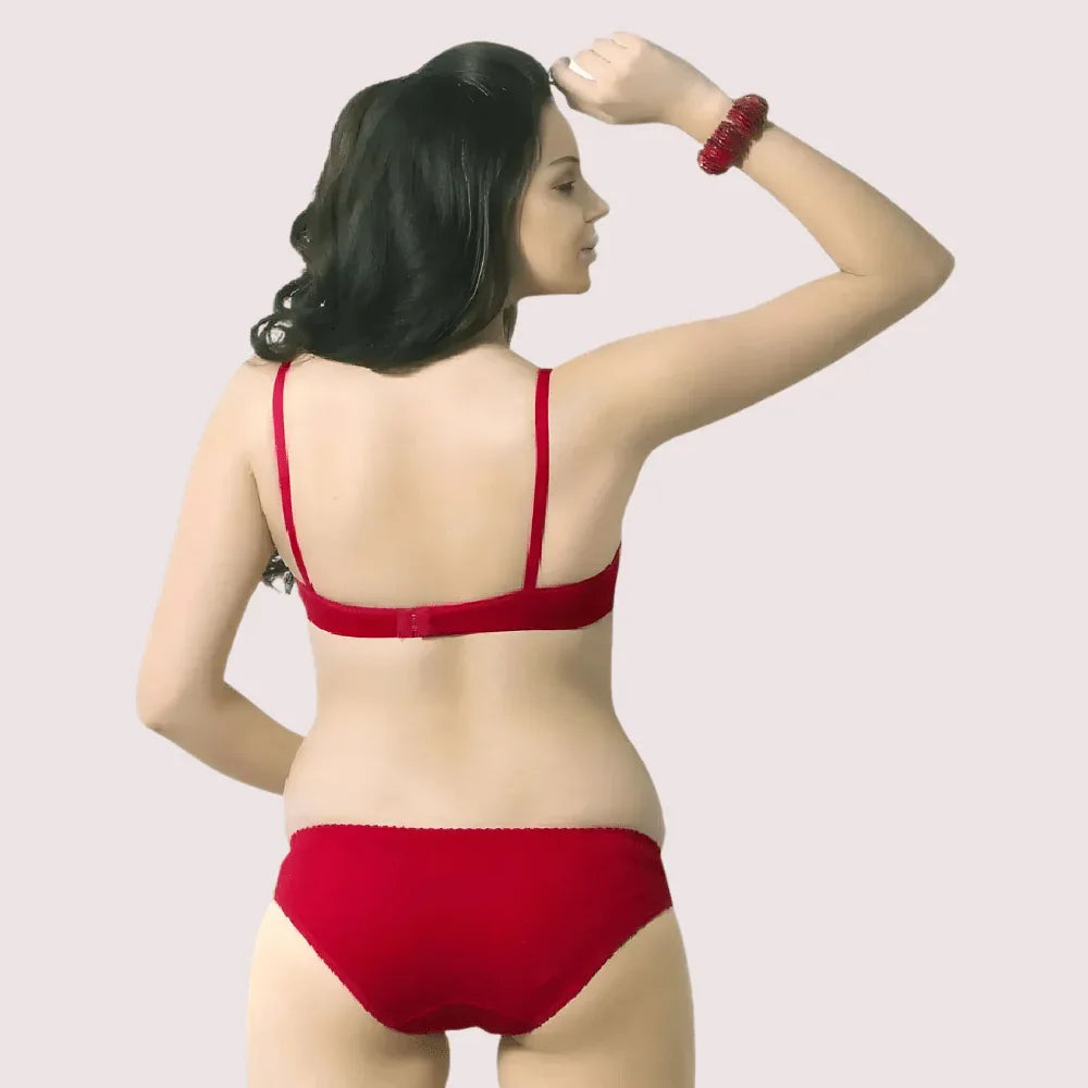 Cute Solid Red Pure Cotton Bra Panty Set Veloura Intimate