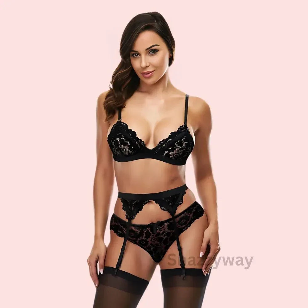 Exotic black lace bra set with garter belt Veloura Intimate