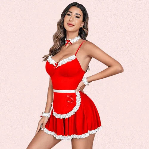 French Daina Red Lace Maid Costume with Luxury Panty Gift Veloura Intimate
