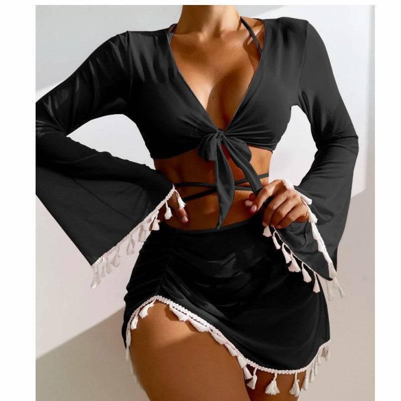 4pcs Solid Color Bikini With Short Skirt And Long Sleeve Cover-up Fashion Bow Tie Fringed Swimsuit Set Summer Beach Womens Clothing Veloura Intimate