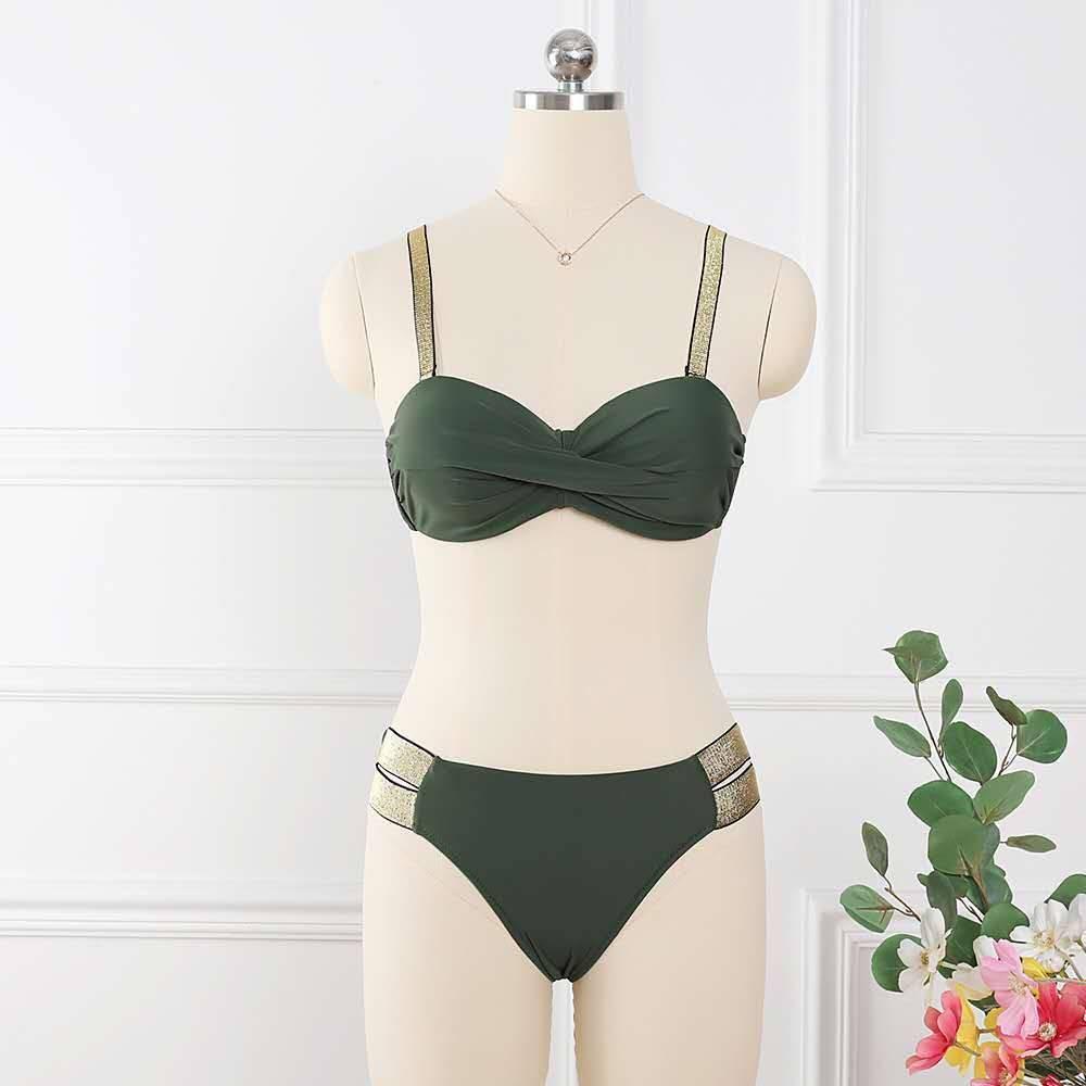 Bikini Sets Solid Color Swimsuit Sexy Mid-Waist Bandeau Gather Cup Bikinis Women Swimwear Female Bathing Suits Beach Wear Veloura Intimate