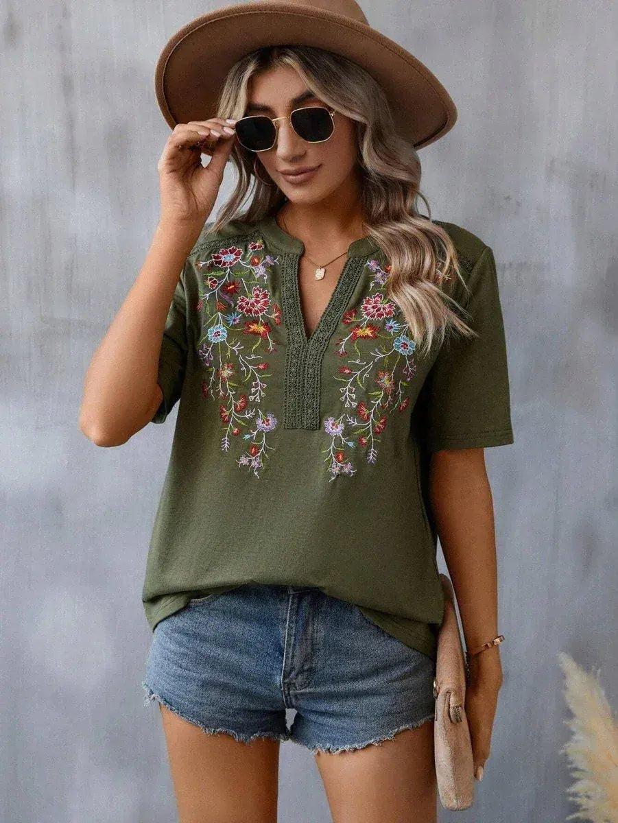 Fashion Flowers Embroidery Short Sleeve T-shirt Summer Stitching Lace-collared Blouse Womens Clothing Veloura Intimate