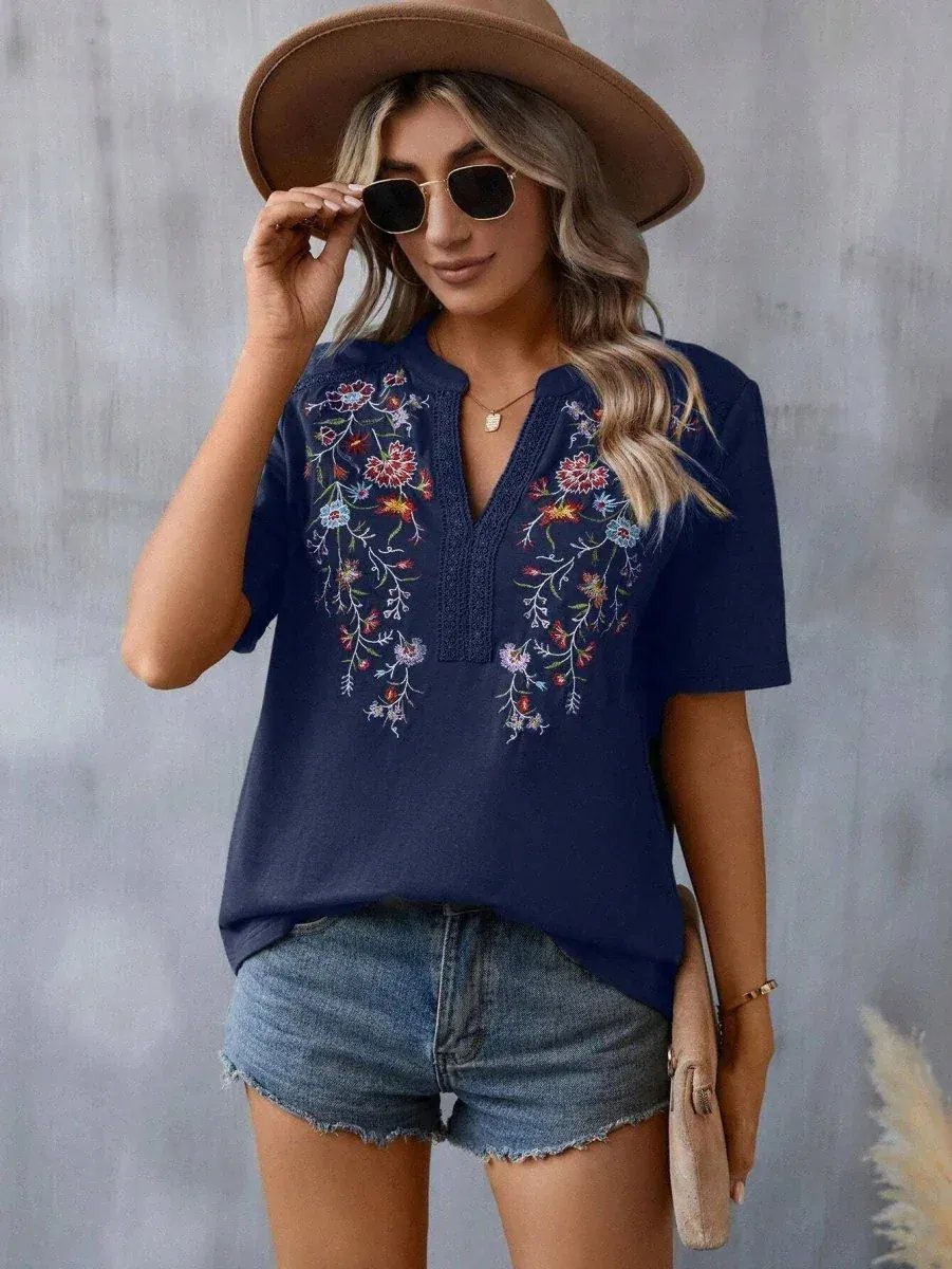 Fashion Flowers Embroidery Short Sleeve T-shirt Summer Stitching Lace-collared Blouse Womens Clothing Veloura Intimate