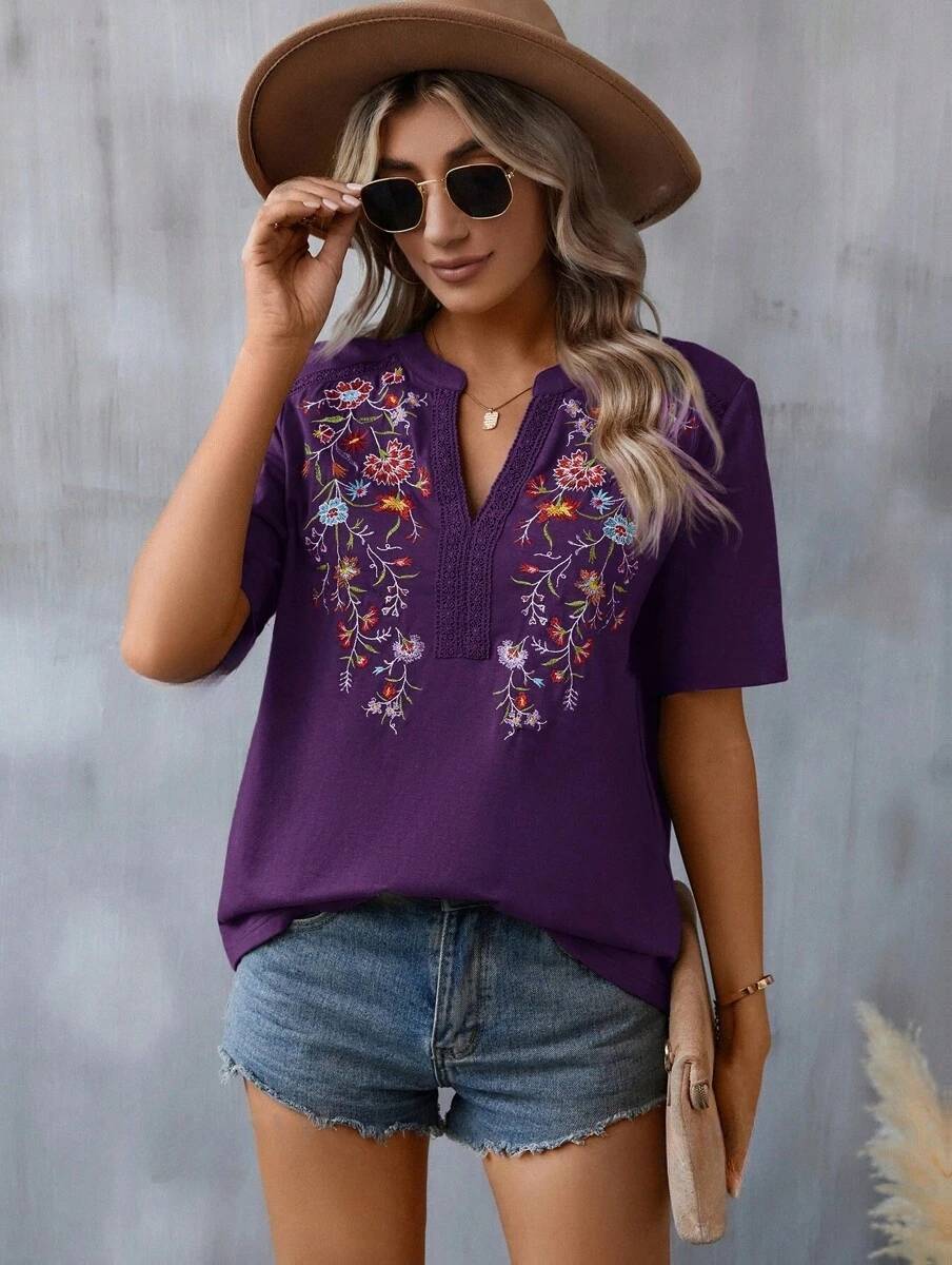 Fashion Flowers Embroidery Short Sleeve T-shirt Summer Stitching Lace-collared Blouse Womens Clothing Veloura Intimate