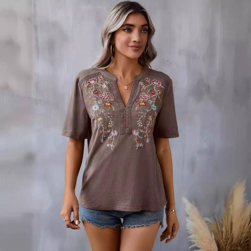 Fashion Flowers Embroidery Short Sleeve T-shirt Summer Stitching Lace-collared Blouse Womens Clothing Veloura Intimate