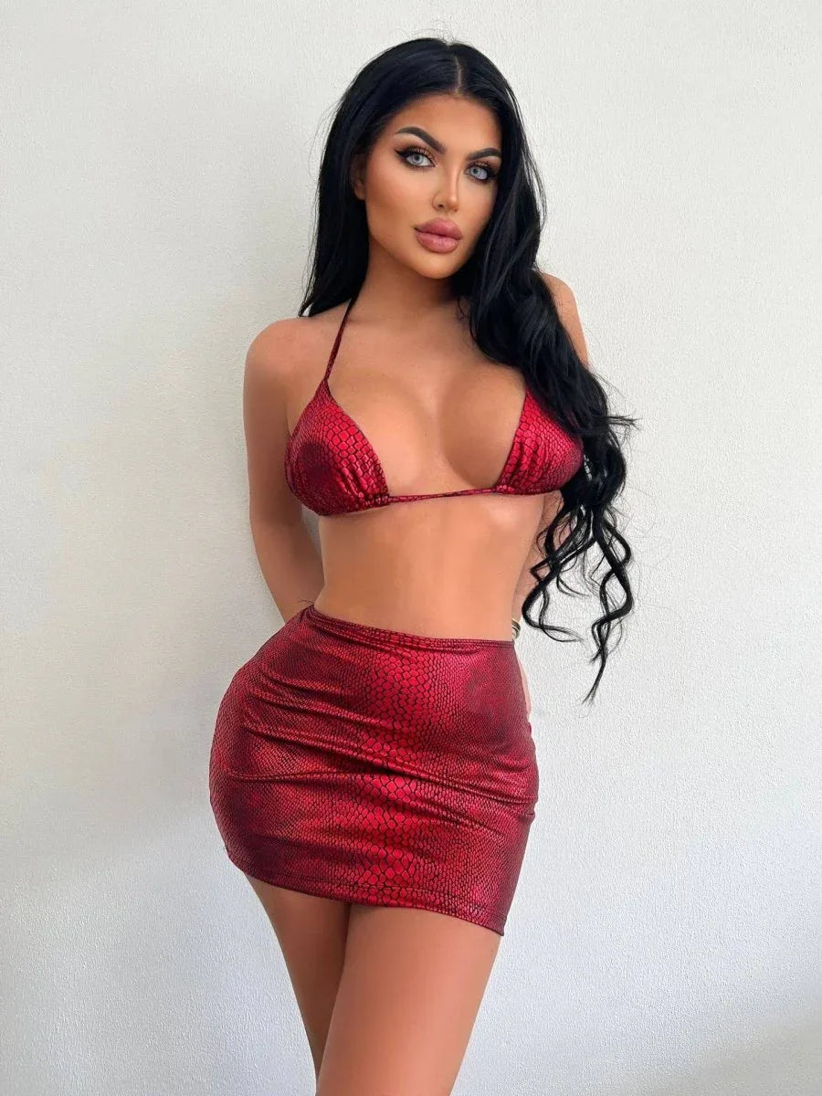 Women's 3 Piece Bathing Suits Halter Snake Pattern Bikini Set With Cover Up Skirt Summer Swimsuit Veloura Intimate