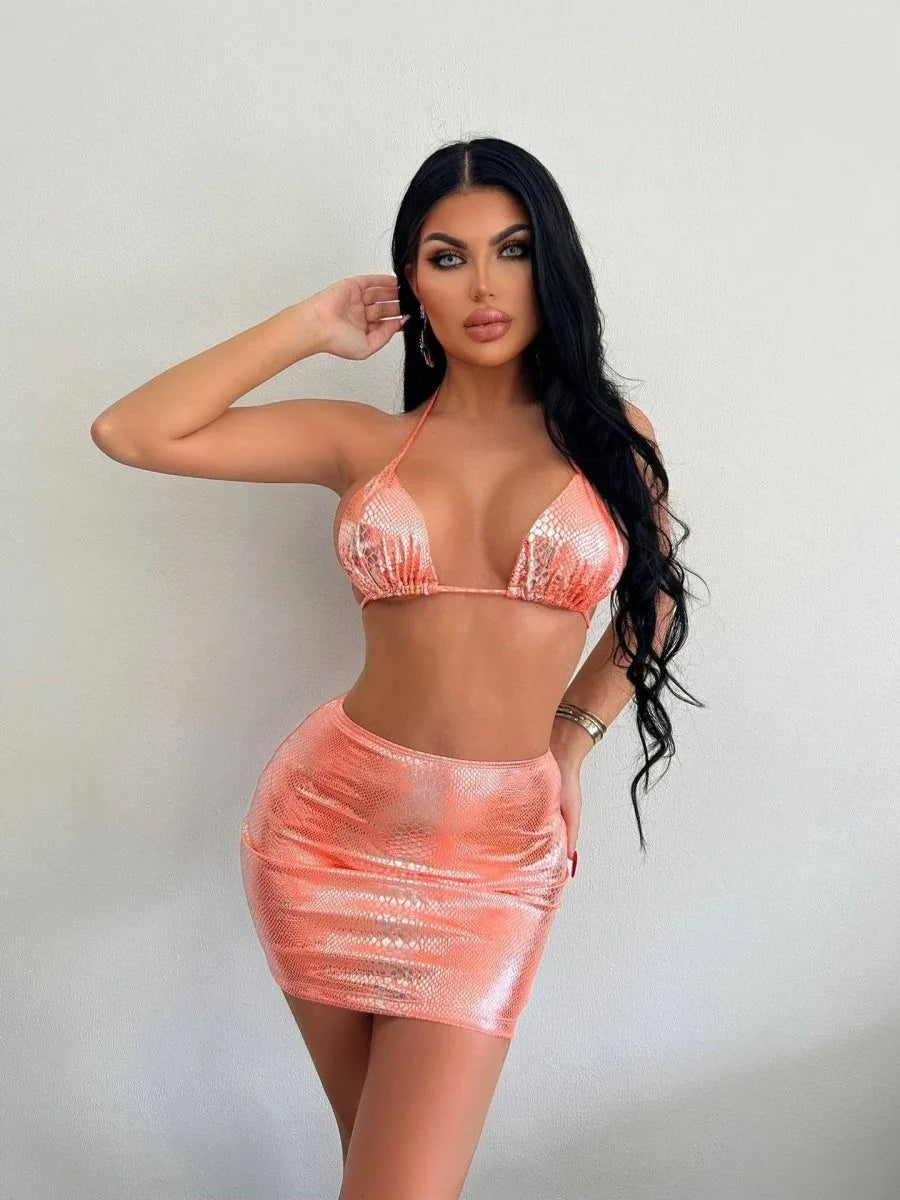 Women's 3 Piece Bathing Suits Halter Snake Pattern Bikini Set With Cover Up Skirt Summer Swimsuit Veloura Intimate