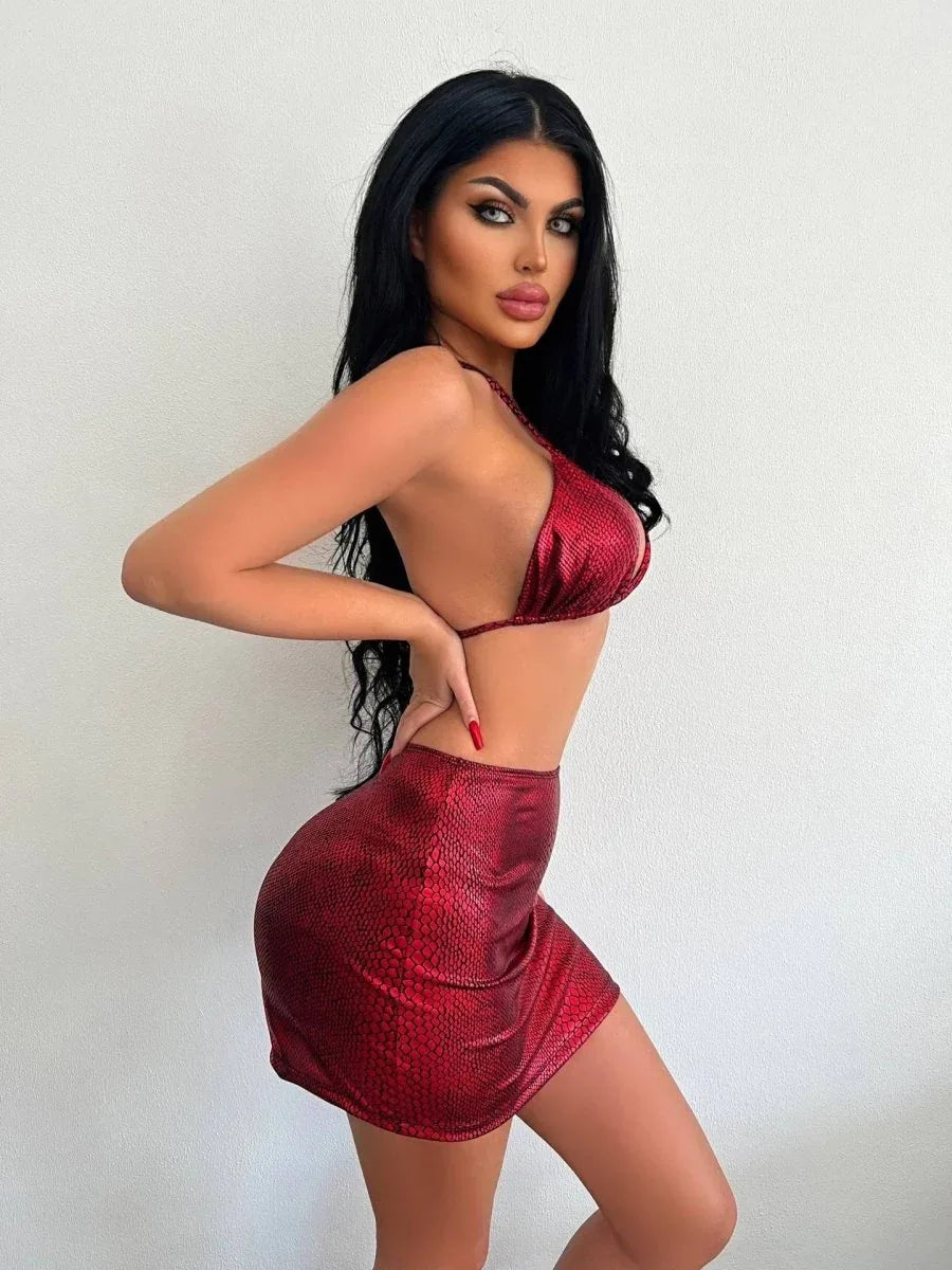 Women's 3 Piece Bathing Suits Halter Snake Pattern Bikini Set With Cover Up Skirt Summer Swimsuit Veloura Intimate