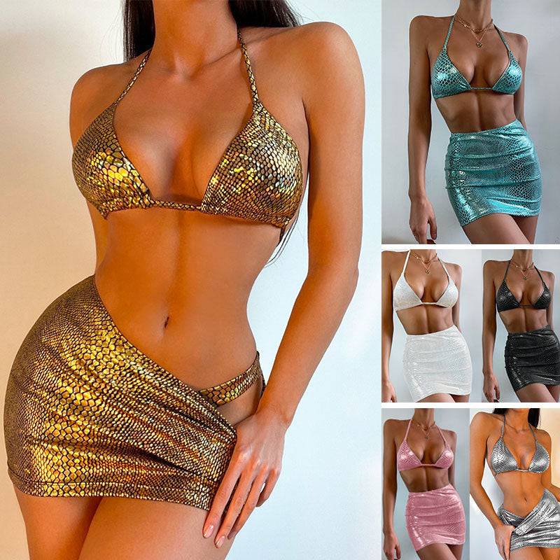 Women's 3 Piece Bathing Suits Halter Snake Pattern Bikini Set With Cover Up Skirt Summer Swimsuit Veloura Intimate