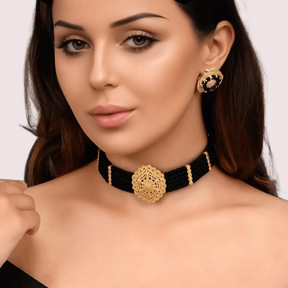 Majestic Noir Hexa Pendant Necklace with Black Crystal Beads Veloura Intimate