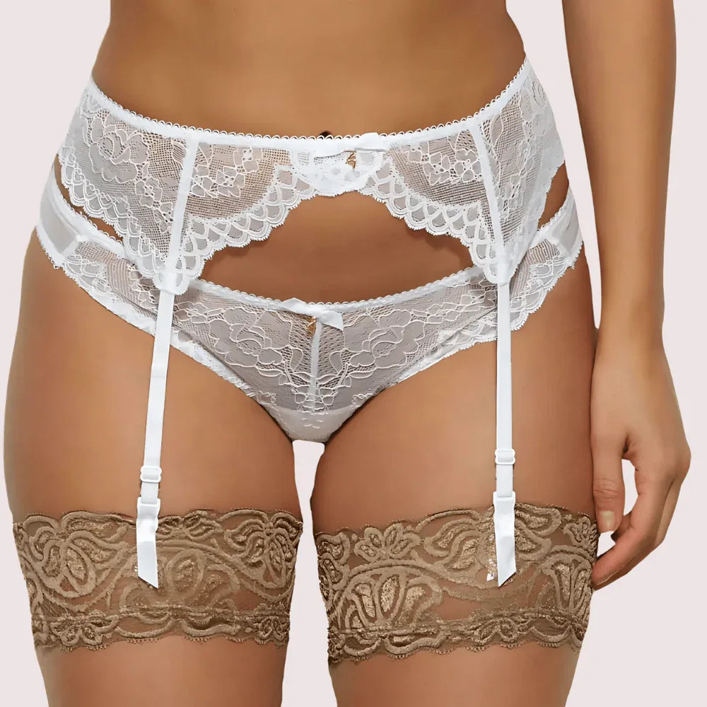 Plus Size Lace Mesh Garter & Thong Set Veloura Intimate