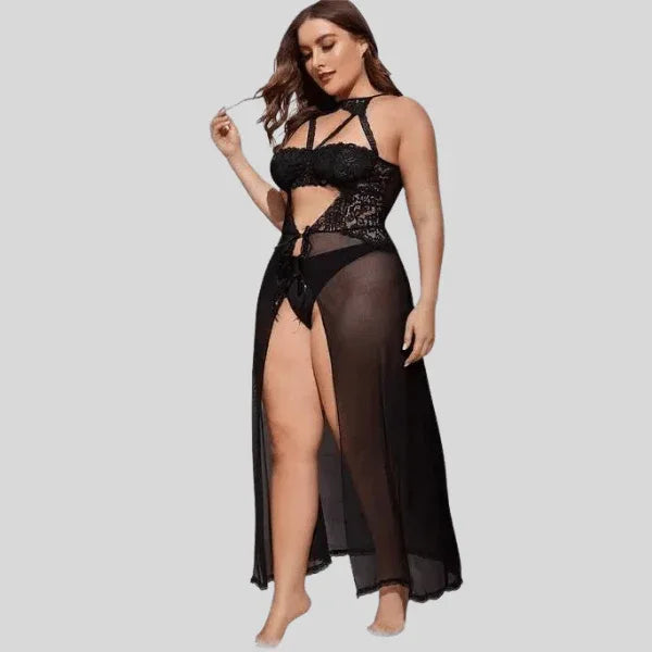 Plus Size Split Long Mesh Babydoll Nightwear Veloura Intimate