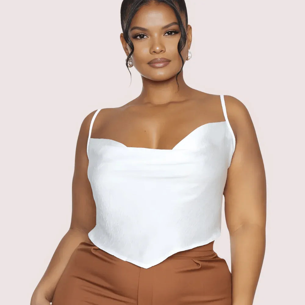 Plus Size White Satin Cropped Cowl Neck Cami Top Veloura Intimate