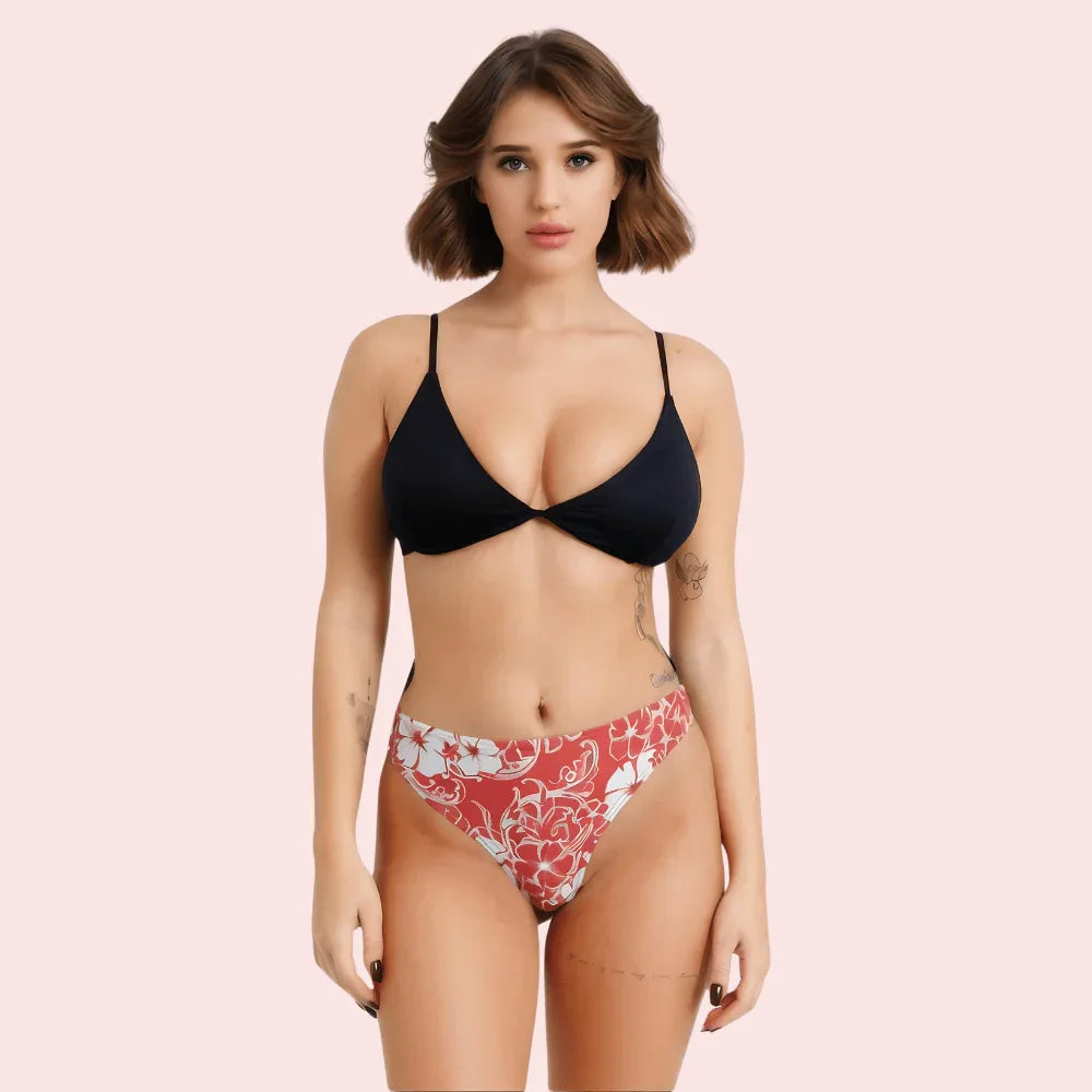 Red & White Floral Print High-Cut Thong Bikini Bottom (Bottom Only) Veloura Intimate
