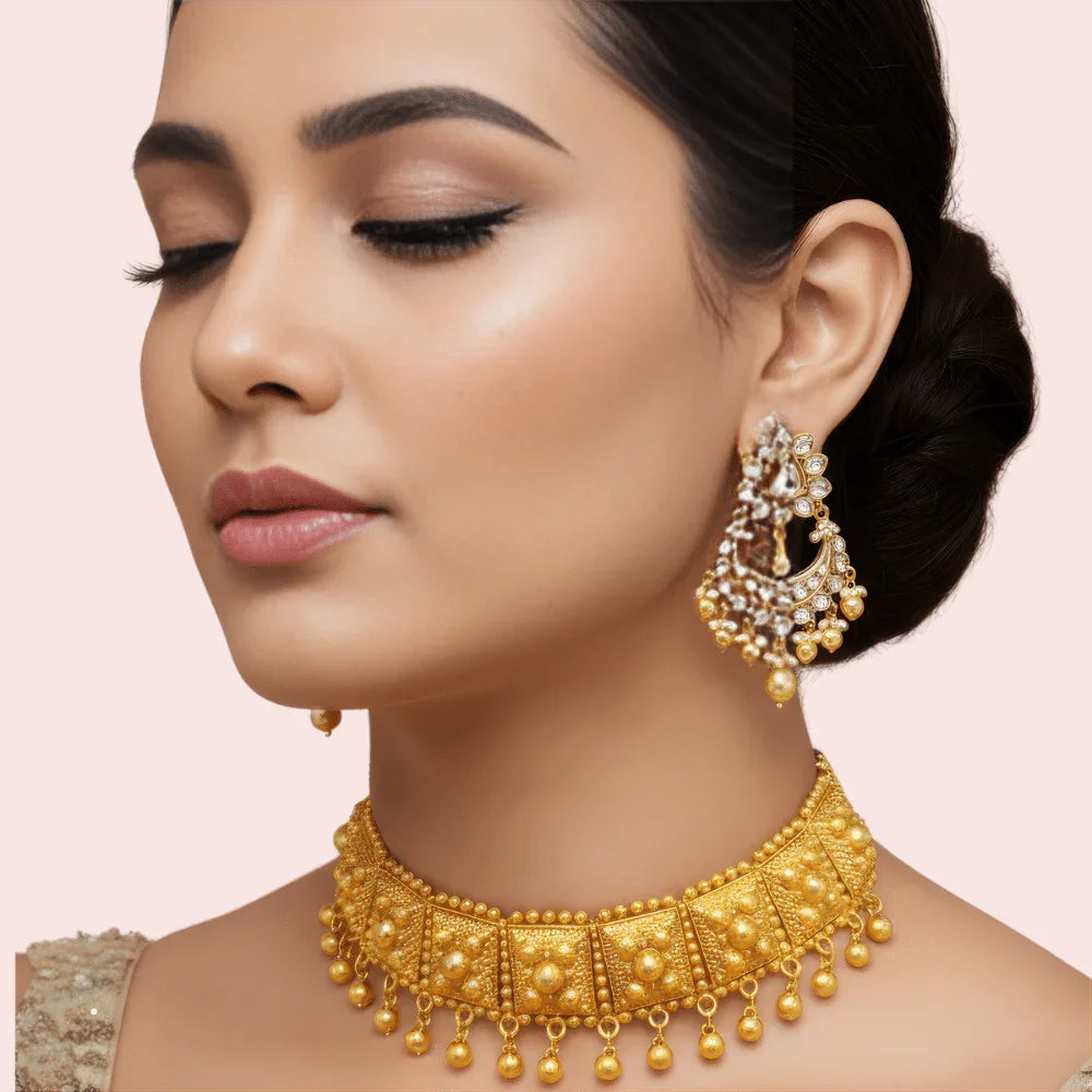 Royal Kundan-Style Gold-Plated Pearl Drop Choker Necklace Veloura Intimate