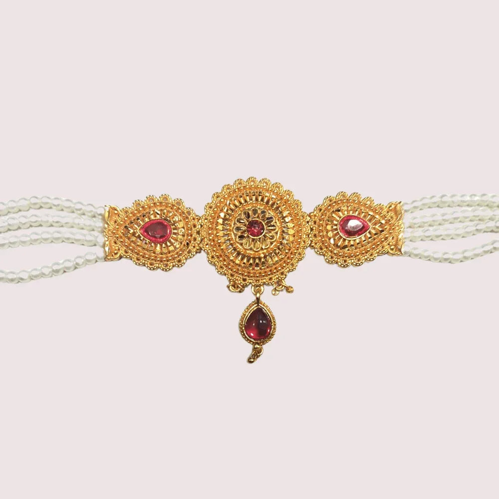 Royal Ruby Pearl Choker Necklace with Antique Gold Detailing Veloura Intimate