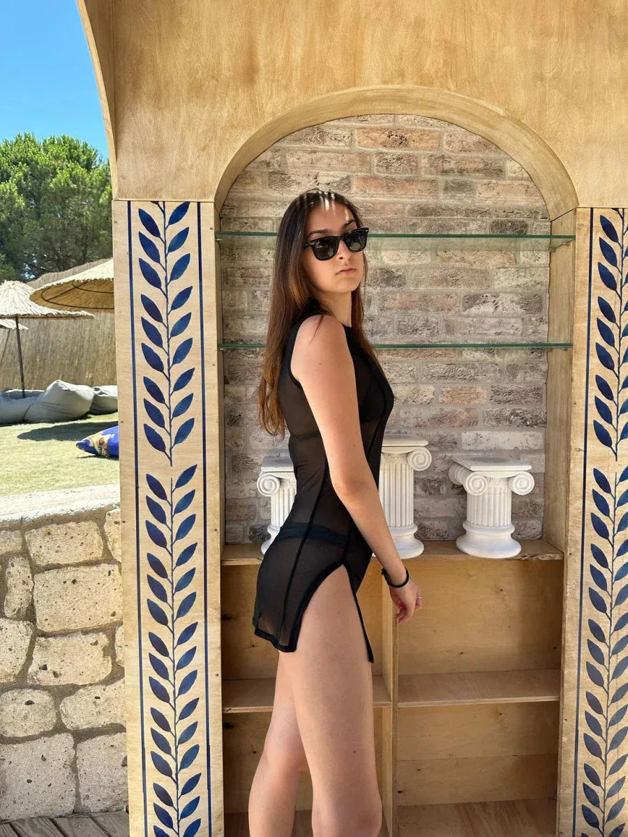 Sheer Black Mini Dress with Dual Open Slits Veloura Intimate