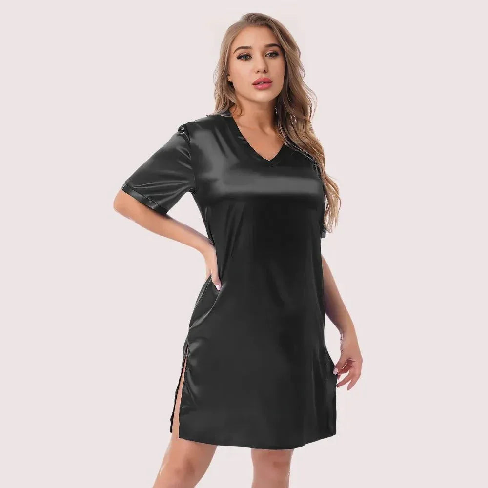 Silk satin sexy black short sleepwear Veloura Intimate