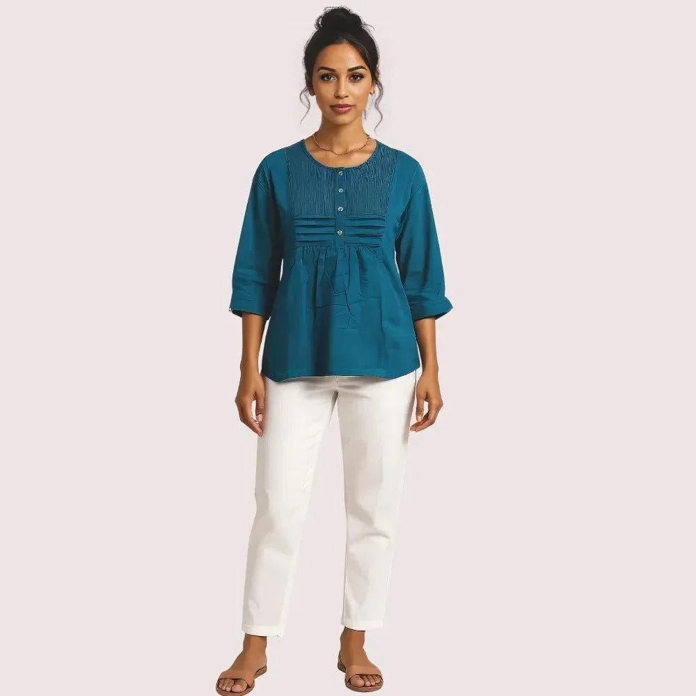 Teal Pintuck Detail Cotton Tunic Top Veloura Intimate