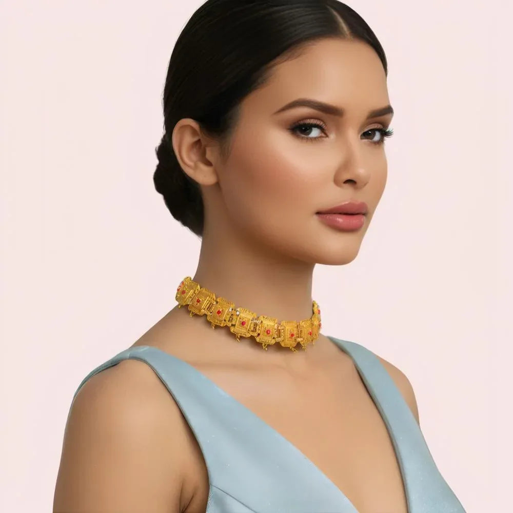 Temple Kundan Square Motif Gold-Plated Choker Necklace Veloura Intimate