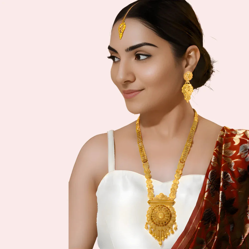 Traditional Temple Gold Necklace Set with Pendant, Earrings & Maang Tikka Veloura Intimate