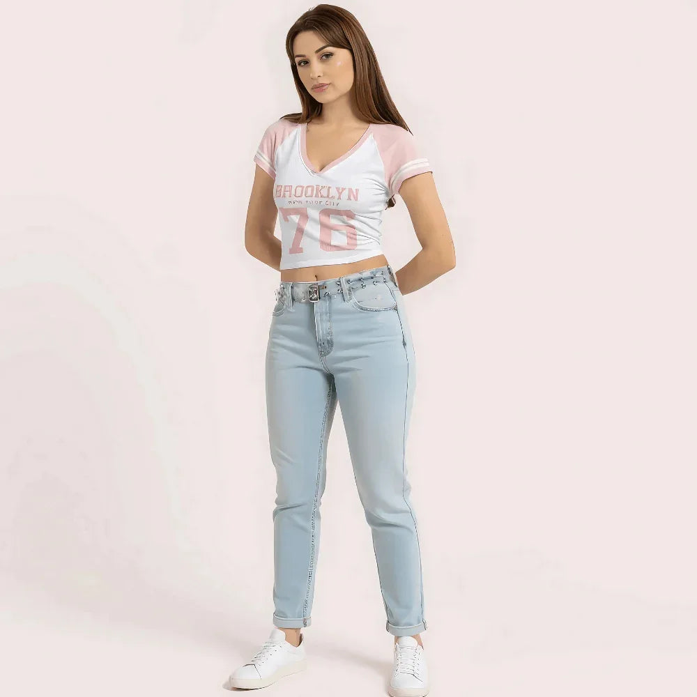 Women's Pink "Brooklyn 76" V-Neck Crop Top – Sporty Graphic Tee Veloura Intimate