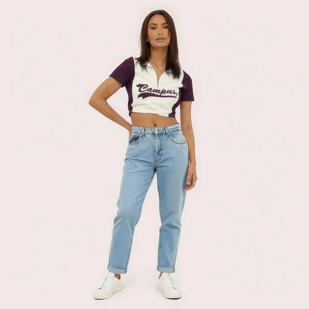 Women's Purple "Campus" Zip Polo Crop Top – Collegiate-Inspired Style Veloura Intimate
