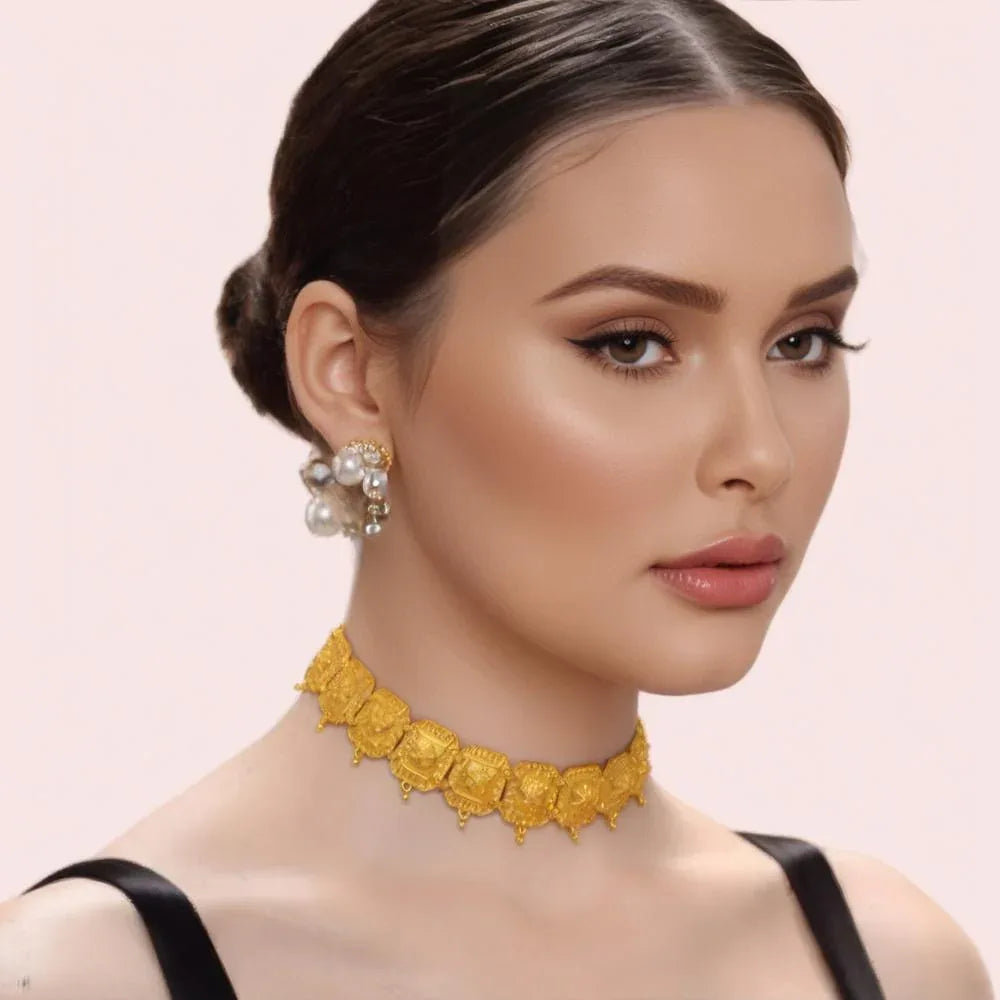 Temple Royale Gold - Plated Goddess Motif Choker Necklace - Veloura Intimate