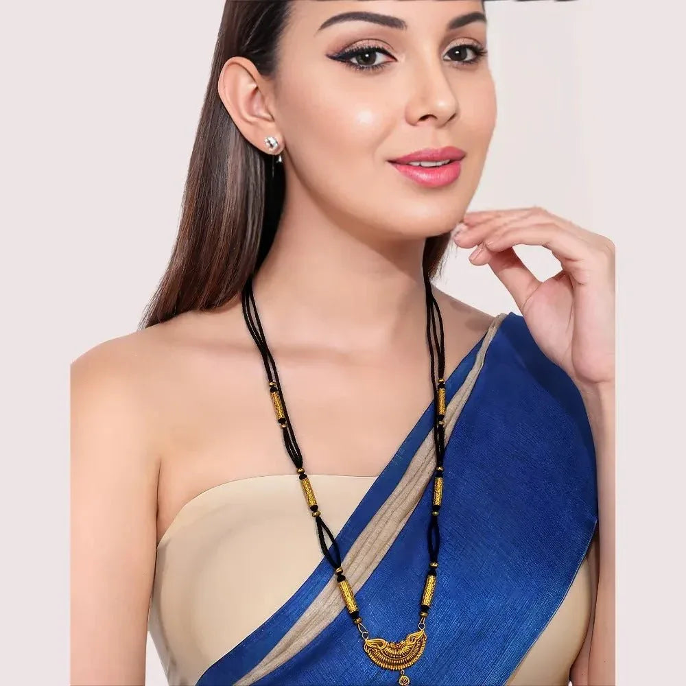 Traditional Crescent Pendant Long Mangalsutra with Gold - Toned Beads - Veloura Intimate