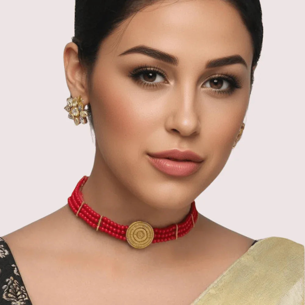 Bold Elegance Red Beaded Necklace with Ornate Gold Medallion Veloura Intimate