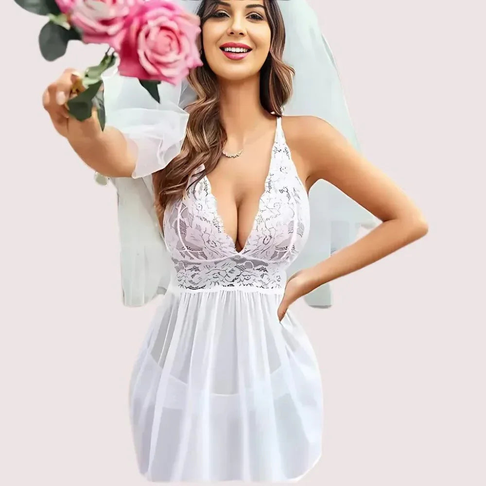 Bridal White Lace &amp; Sheer Babydoll Nightwear Veloura Intimate