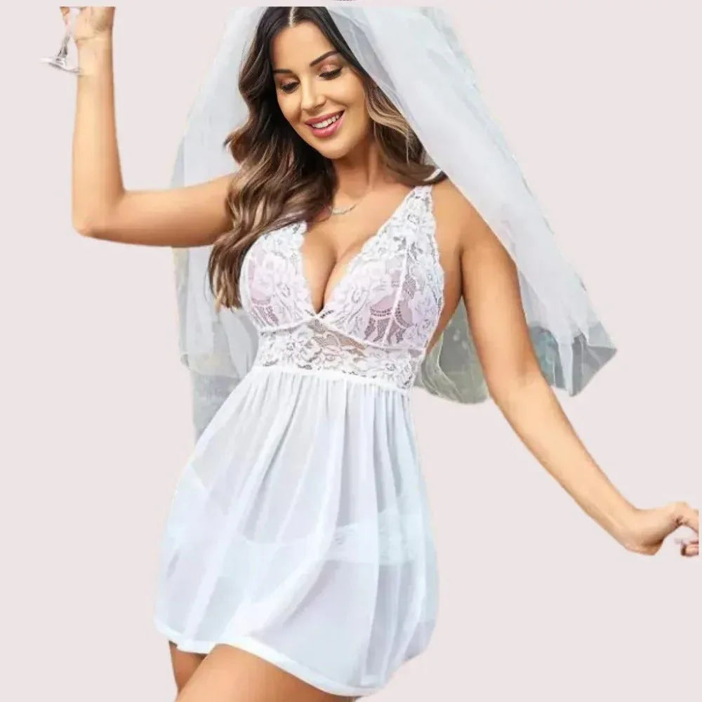Bridal White Lace &amp; Sheer Babydoll Nightwear Veloura Intimate