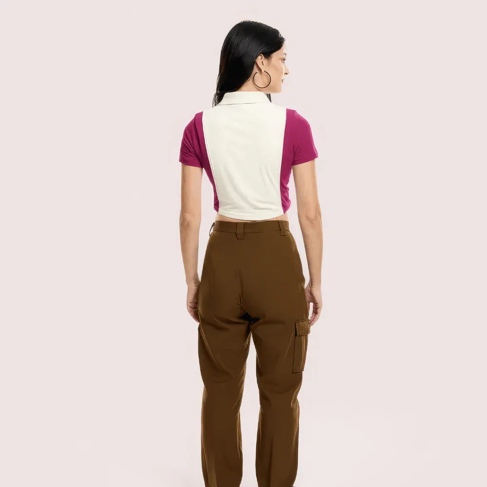 "Campus Cool" Zip Polo Crop Top – Maroon &amp; White Veloura Intimate