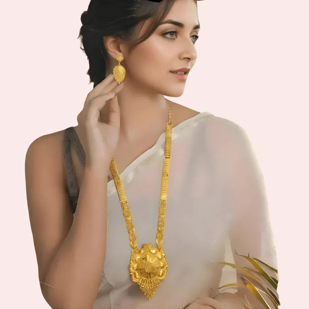 Classic Bridal Gold Long Necklace Set with Pendant, Earrings &amp; Maang Tikka Veloura Intimate