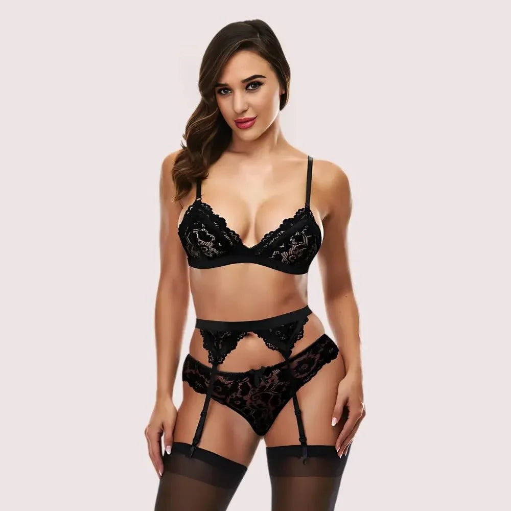 Crimson Whisper Lace Bra & Garter Set Veloura Intimate