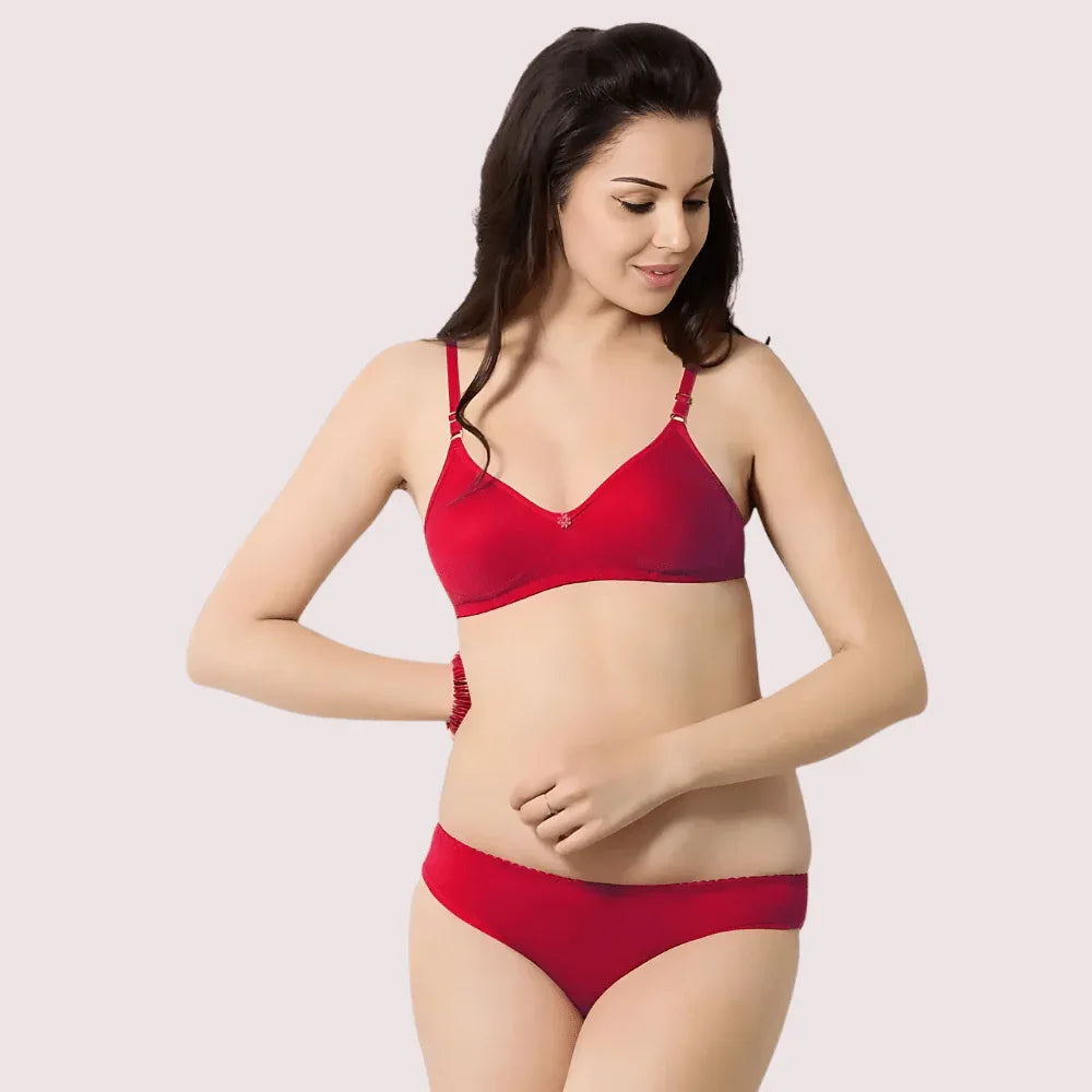 Cute Solid Red Pure Cotton Bra Panty Set Veloura Intimate