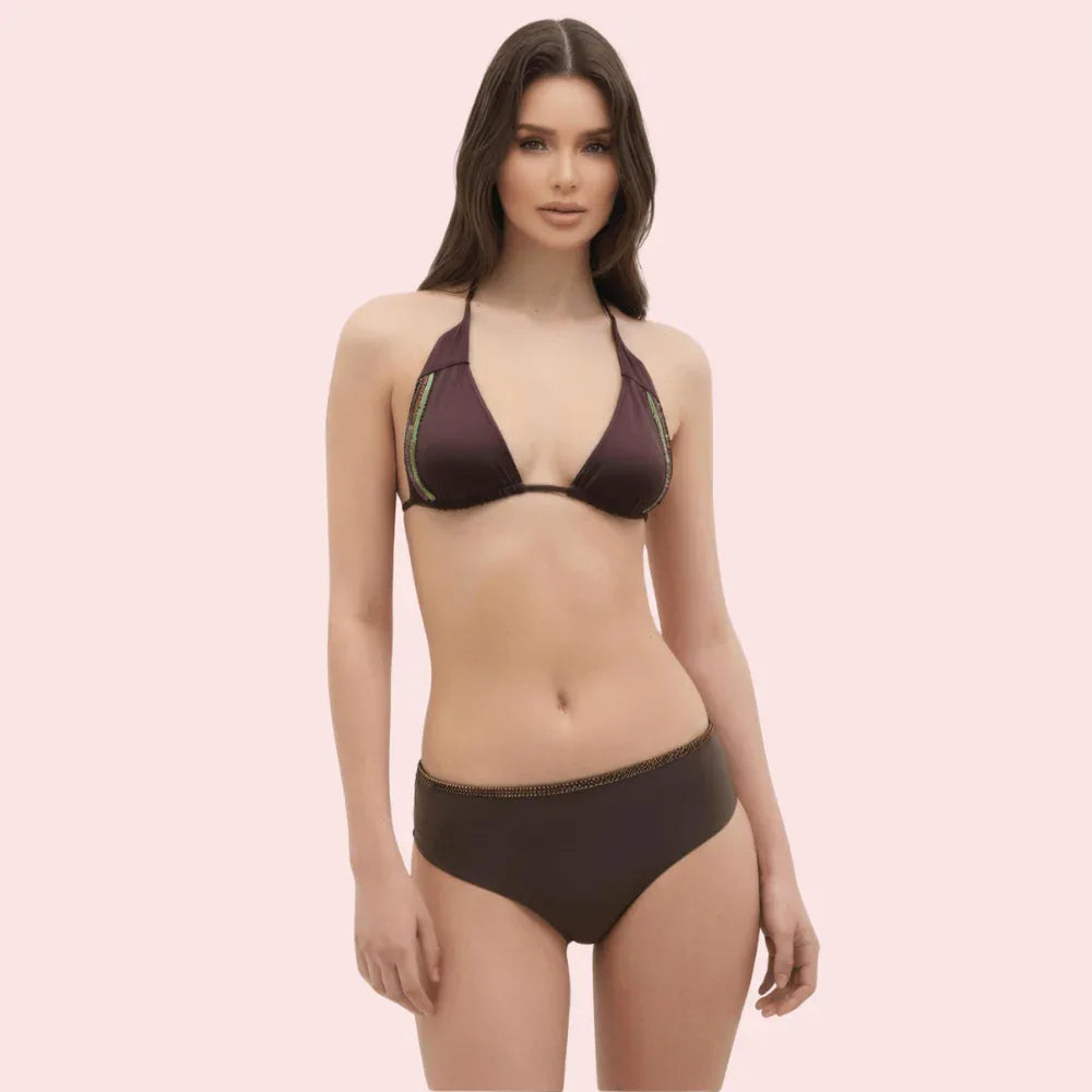 Espresso Dream Embellished Trim Triangle Bikini Topa (Top Only) Veloura Intimate