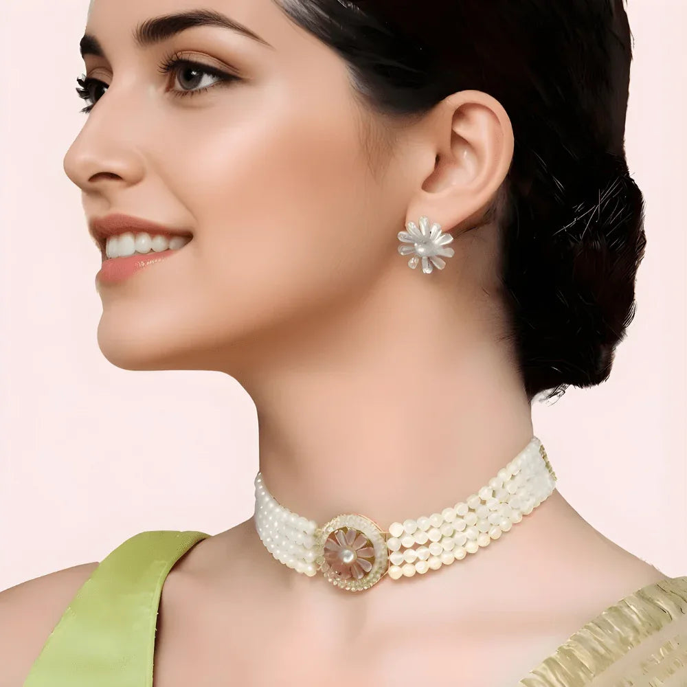 Floral Pearl Choker Necklace &amp; Stud Earrings Set Veloura Intimate