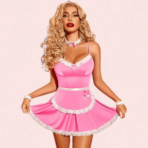 French Daina Pink Lace French Maid Costume with Luxury Panty Gift Veloura Intimate
