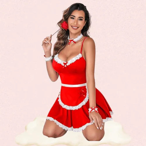French Daina Red Lace Maid Costume with Luxury Panty Gift Veloura Intimate