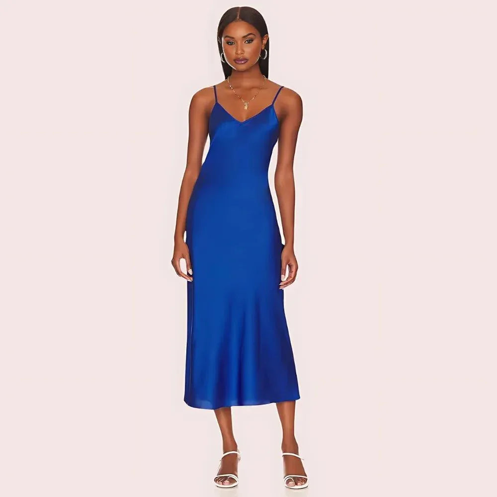 Glamorous Blue Satin Slip Midi Dress Veloura Intimate