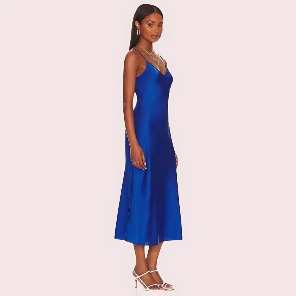 Glamorous Blue Satin Slip Midi Dress Veloura Intimate