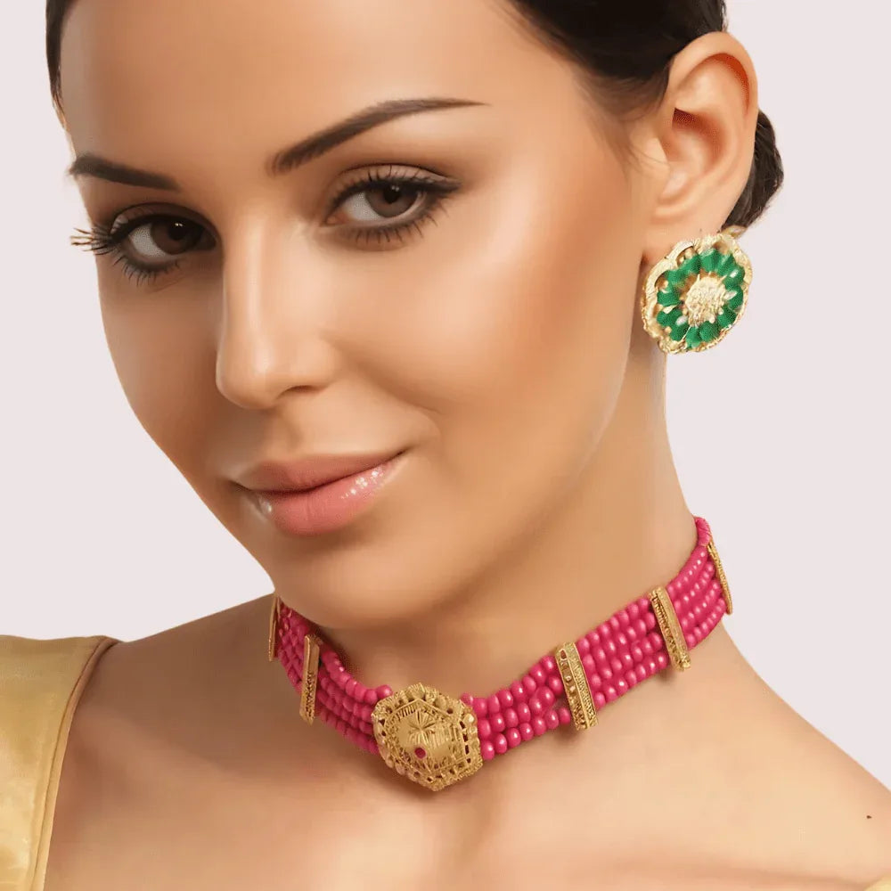 HexaCharm Red Beaded Necklace with Golden Hexagon Pendant Veloura Intimate