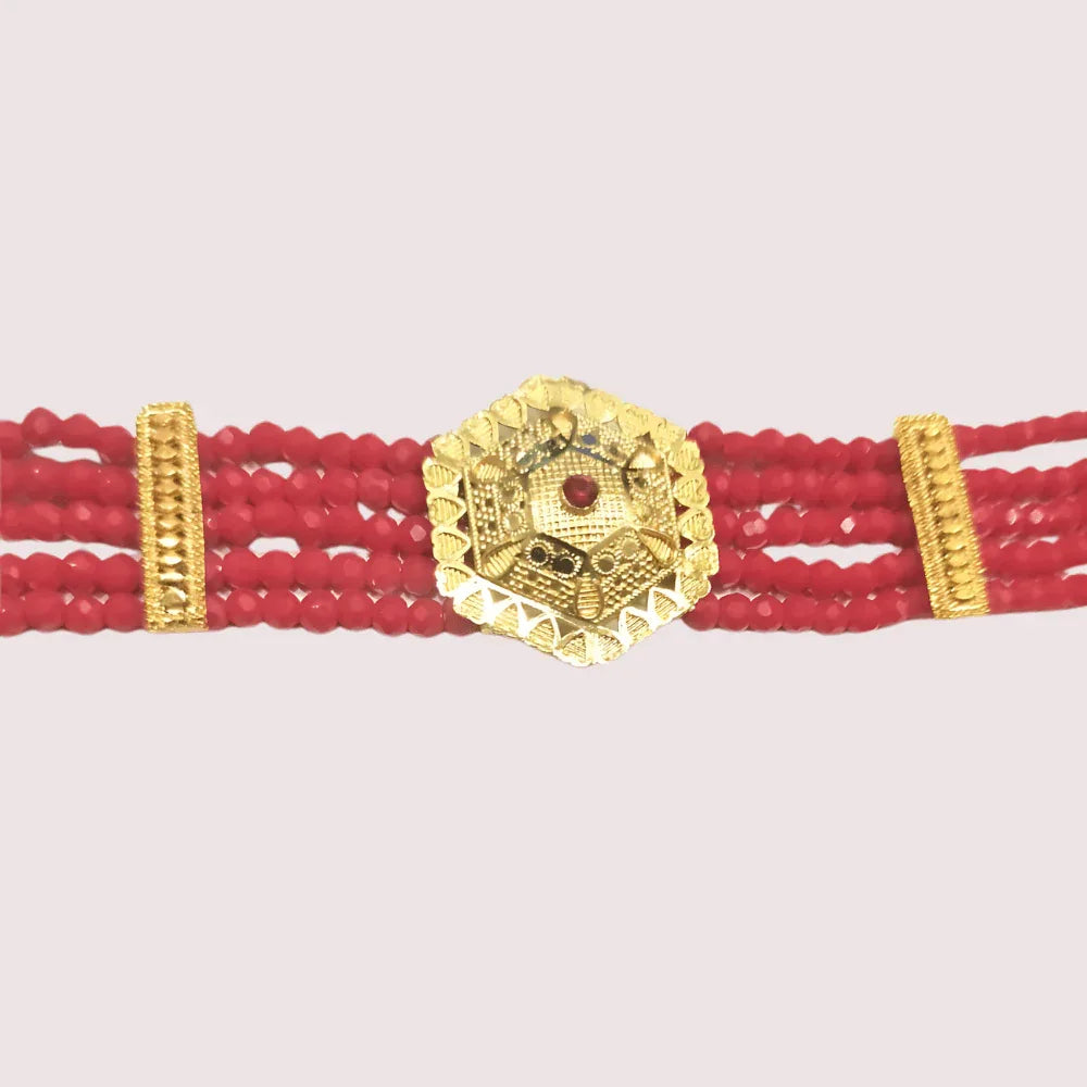 HexaCharm Red Beaded Necklace with Golden Hexagon Pendant Veloura Intimate