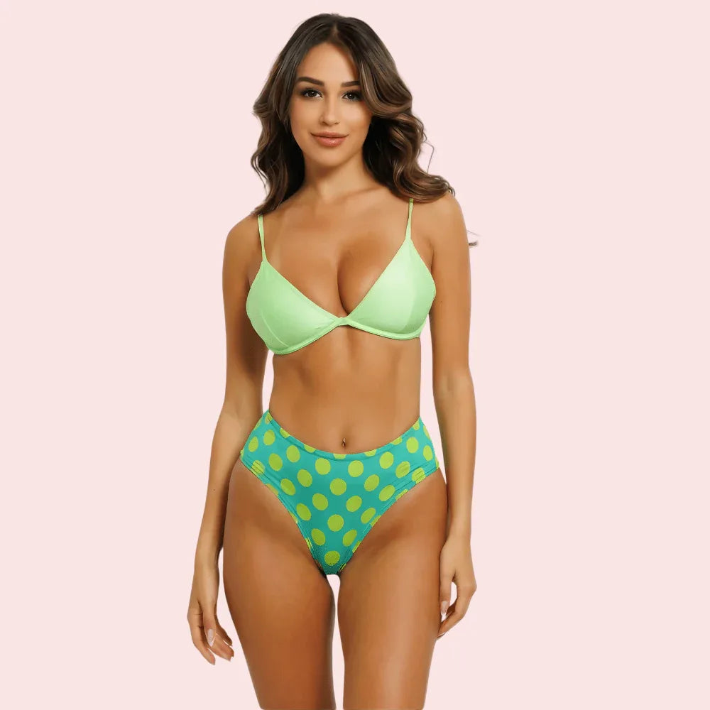 High-Waisted Polka Dot Bikini Bottom – Retro Green Vibes (Bottom Only) Veloura Intimate