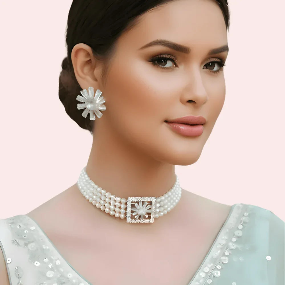 Ivory Pearl Choker Necklace & Floral Statement Earrings Set Veloura Intimate